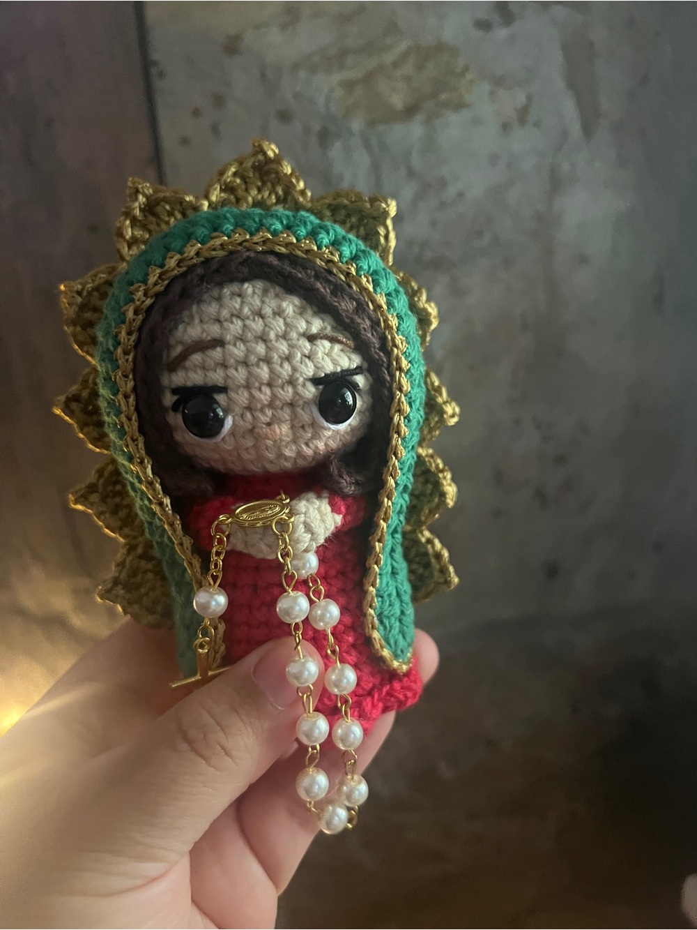 Handmade Crocheted Virgin Mary Doll with Green and Gold Hood
